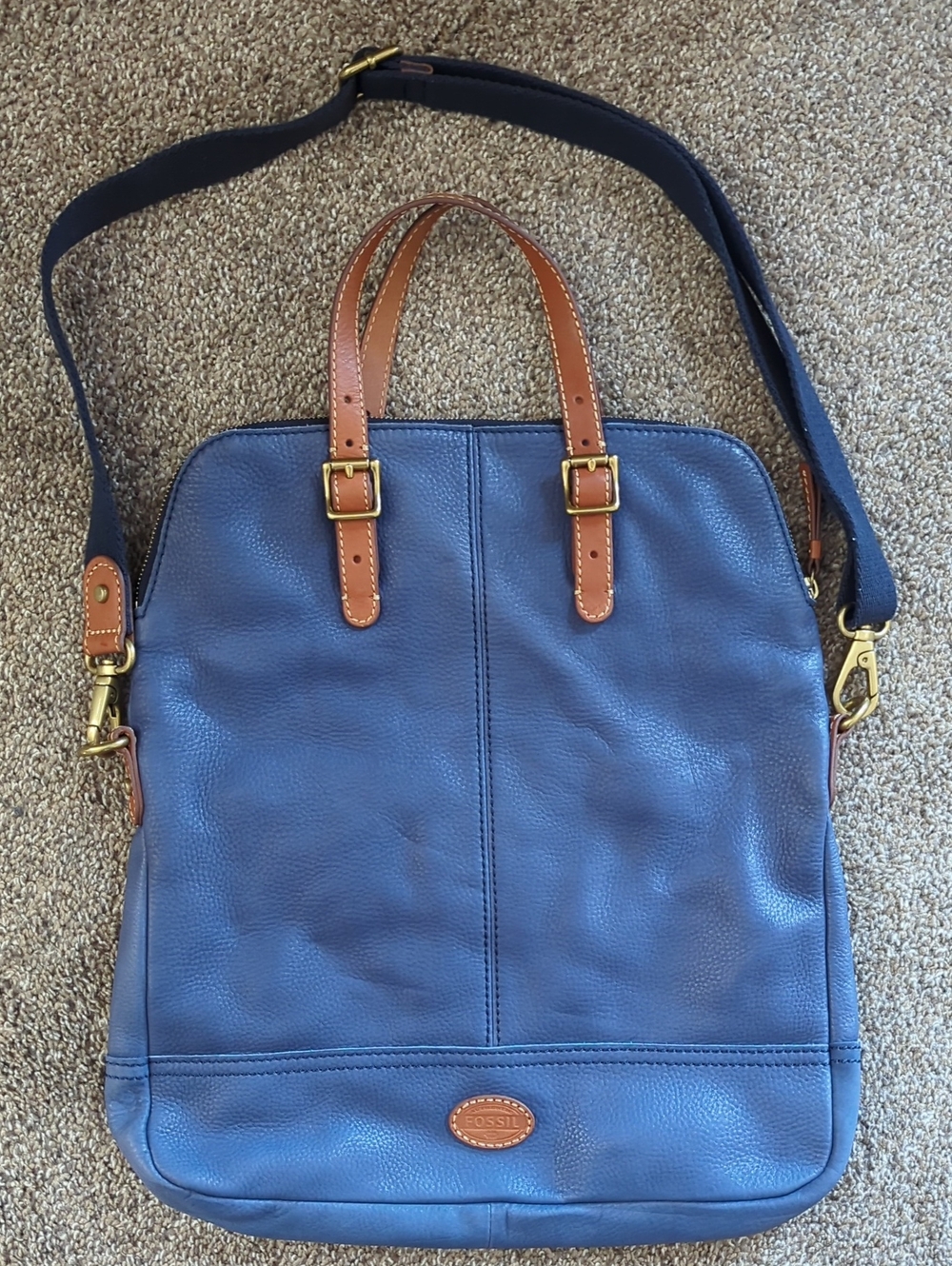 Fossil Blue Leather Explorer Fold Over Tote Bag